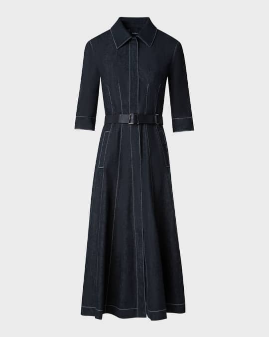 Belted Cotton Denim Midi Dress with Contrast Stitching
