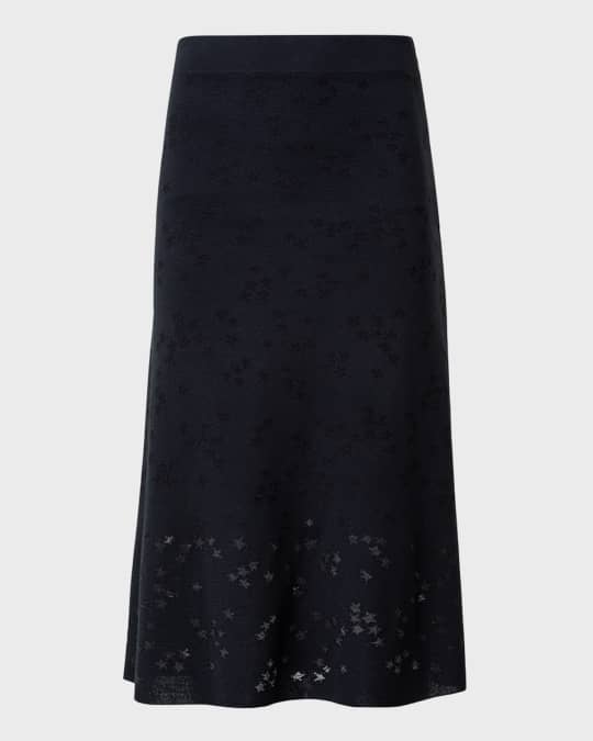 Wool-Silk Blend Knit Midi Skirt with Stars Intarsia Detail
