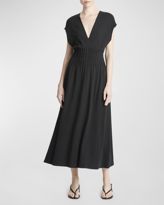 Vince Pintuck V-Neck Short-Sleeve Midi A-Line Dress | Neiman Marcus
