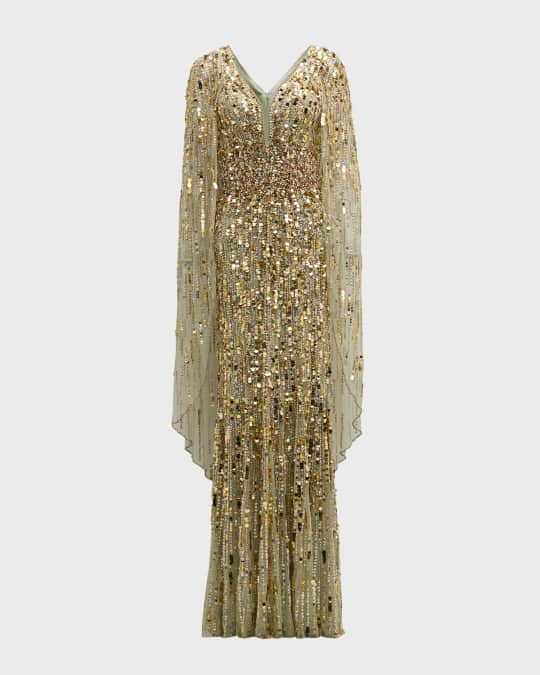 gold sequin cape dress Jluxlabel Draped Elegance Cape Dress