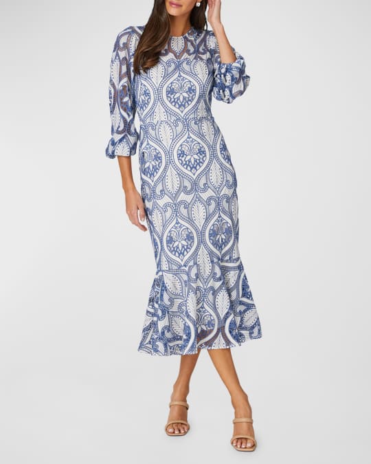 Shoshanna Adelia Embroidered Blouson-Sleeve Midi Dress | Neiman Marcus