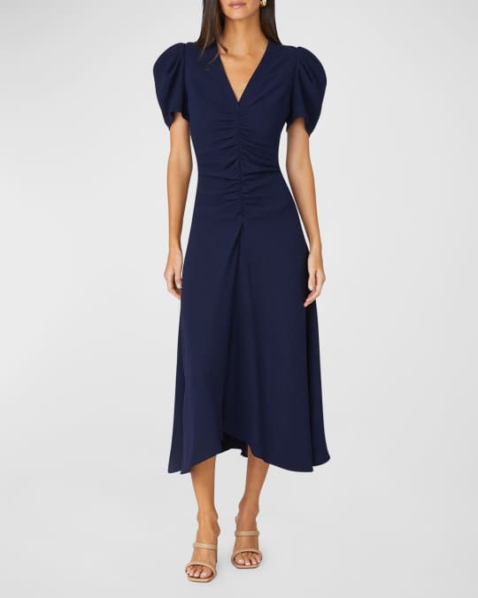 Shoshanna Dali Ruched Puff-Sleeve Midi Dress | Neiman Marcus