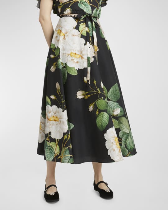 Floral-Print Logo Ribbon Midi Skirt