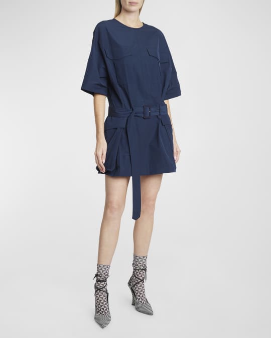 Dries Van Noten Dockets Short-Sleeve Belted Pleated Mini Dress