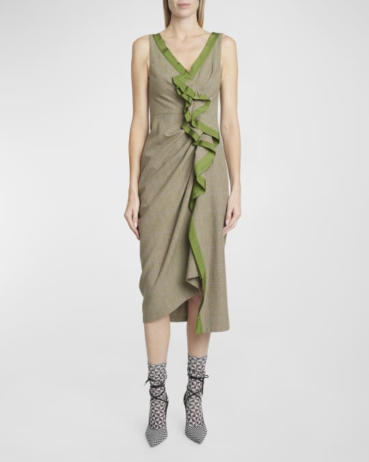 Dries Van Noten Dinari Check Sleeveless Drape Midi Dress | Neiman Marcus