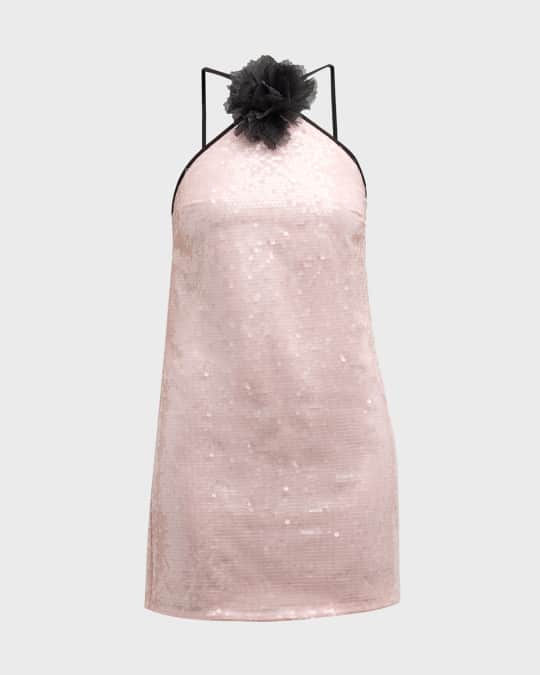 SEQUIN HALTER FLOWER MINI DRESS IN BLACK