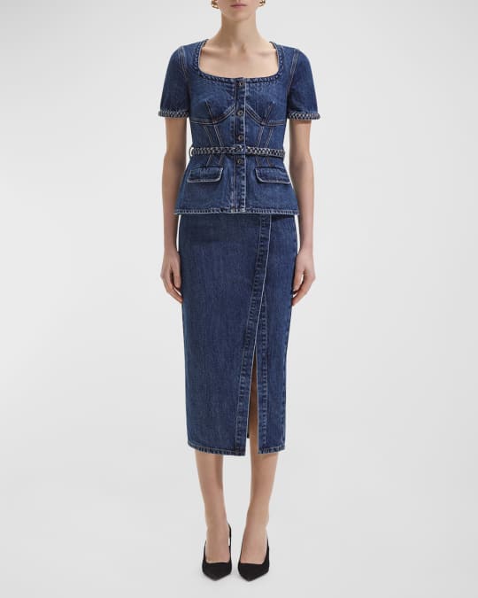 Self-Portrait Belted Square-Neck Denim Midi Dress | Neiman Marcus
