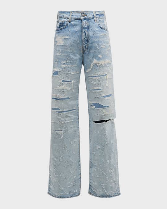 Amiri Men's Crystal-Embellished Logo Skinny Jeans | Neiman
