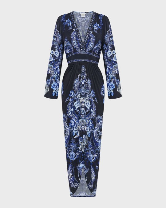 Camilla Gathered V-Neck Jersey Midi Dress | Neiman Marcus