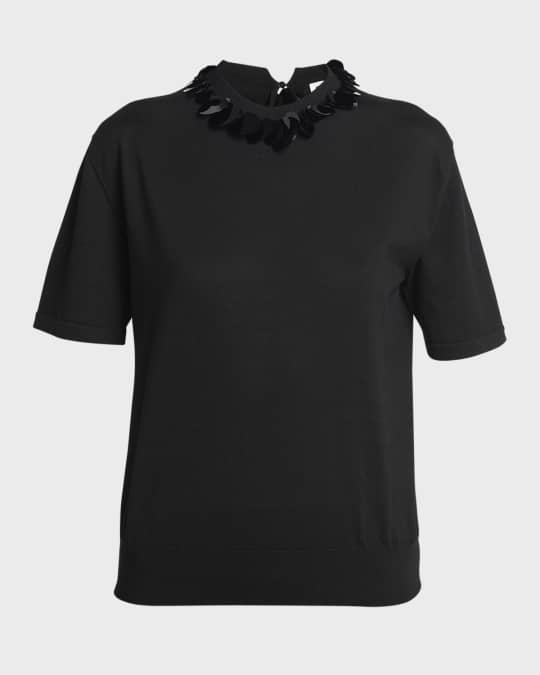 Jil Sander Knit T-Shirt with Sequined Collar | Neiman Marcus