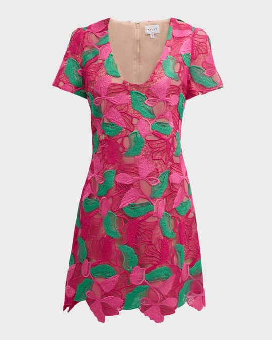 Milly Spring Petals Scoop-Neck Floral Lace Mini Dress Neiman Marcus