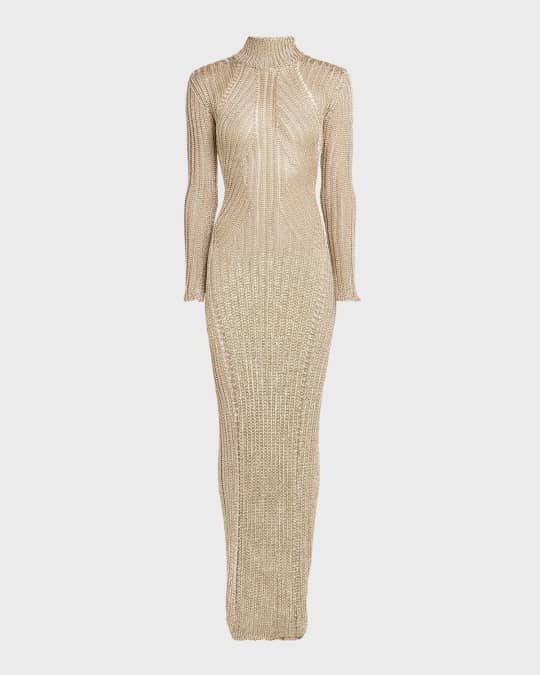 TOM FORD Metallic Knit Turtleneck Long-Sleeve Open-Back Maxi