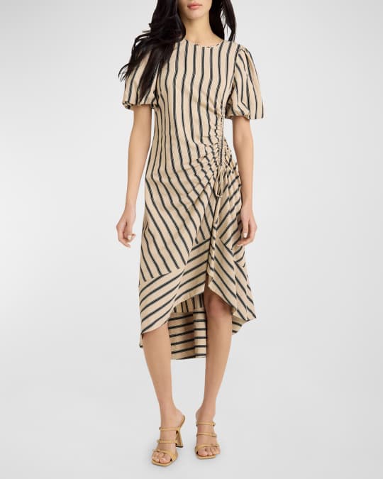 Cinq a Sept ElinPoplin Stripe Puff-Sleeve Ruched Midi Dress | Neiman Marcus