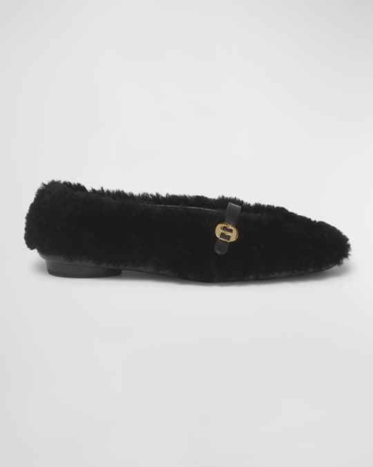 バレエシューズ Salvatore Ferragamo Black Shearling Noella Ballerinas Ferragamo Noella Shearling Buckle Ballerina Flats | Neiman