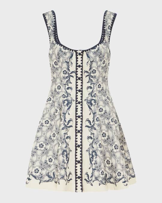 ALEMAIS Airlie Toile Linen Scoop-Neck Mini Dress | Neiman Marcus