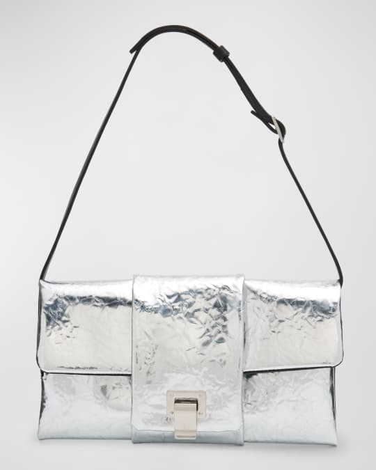 Flap Crinkled Metallic Leather Shoulder Bag