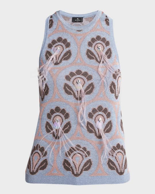 Crystal Feather Embellished Foulard Knit Tank Top