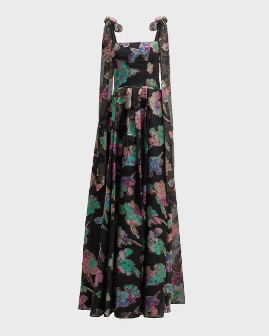 black halo floral dress Devalin Pleated Organza Brocade Gown Vintage 90s denim jumper, $50 and Up Apparel Size:Small The Cayetana Midi Dress