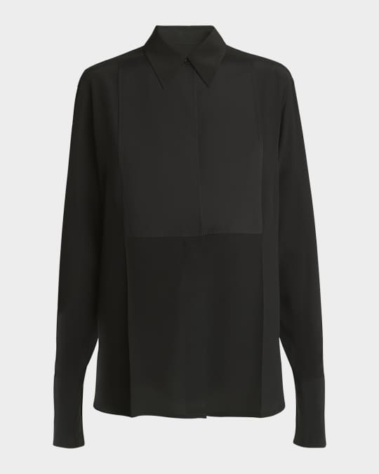 Contrast Bib Button Down Silk Blouse