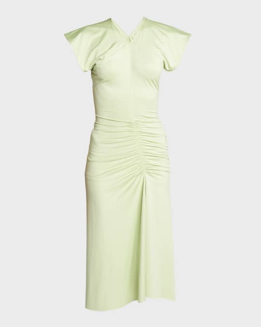 Victoria Beckham V Neck Ruched Asymmetric Jersey Midi Dress Neiman Marcus