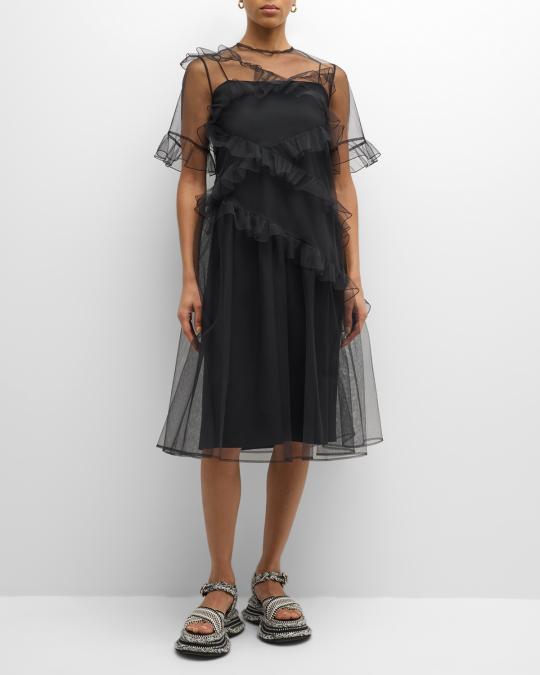 ADEAM Kitri Ruffle Tulle Short-Sleeve Dress | Neiman Marcus