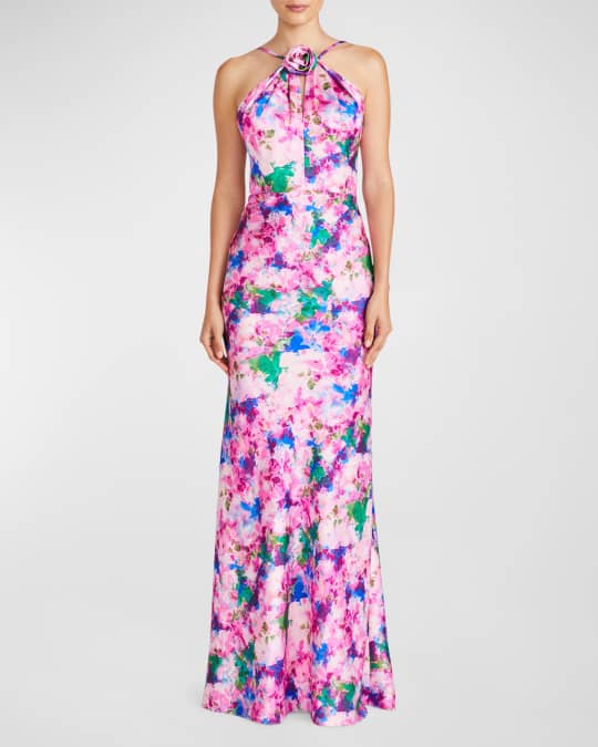 ML Monique Lhuillier Violette Cutout Floral Print Satin Halter Gown Neiman Marcus