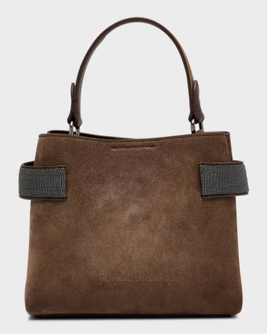 バッグ・カバンその他 Brunello Cucinelli Brown Suede Bag with Monile Brunello Cucinelli Essence Mini Monili Velour Top-Handle Bag