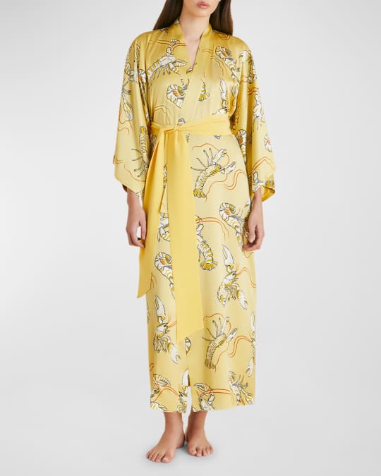 Olivia von Halle Queenie Lobster-Print Silk Satin Robe | Neiman Marcus
