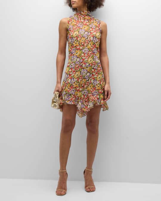 Ultra Floral Print Ruffle Sleeveless Silk Mini Dress