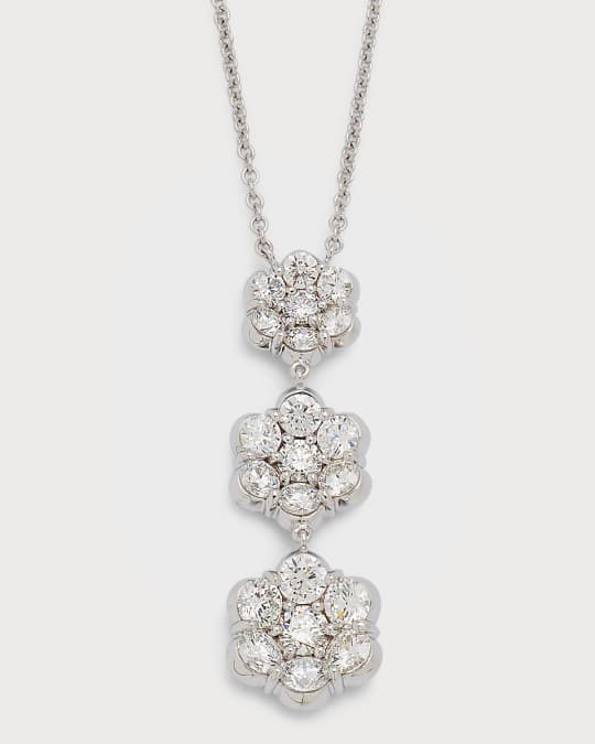 18k White Gold Triple Flower Diamond Pendant Necklace 
