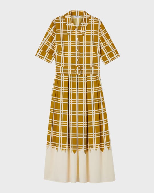 Dora Belted Grid-Print Cotton Midi Shirtdress