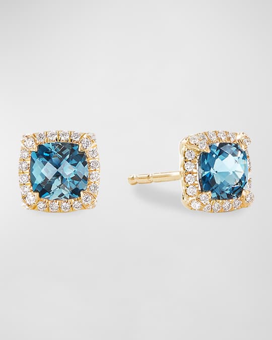 Petite Chatelaine Pave Bezel Stud Earrings in 18K Yellow Gold with Hampton Blue Topaz