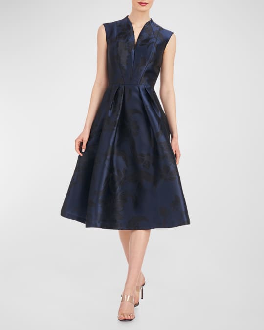 Kay Unger New York Hadley Pleated Floral Jacquard Midi Dress Neiman Marcus