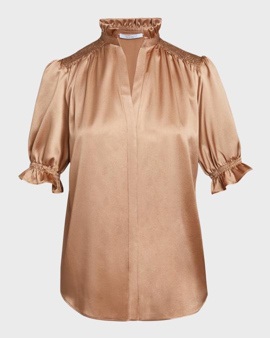 Santorelli Elisa Smocked Ruffle-Tim Silk Blouse | Neiman Marcus