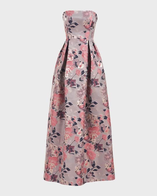 Kay Unger New York Hera Strapless Pleated Floral Jacquard Gown