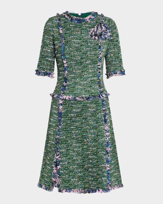 Rickie Freeman for Teri Jon Ruffle-Trim Tweed Midi Dress | Neiman Marcus