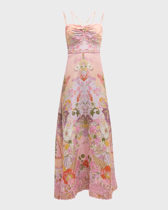 Strappy Folkart Floral Linen Midi Dress