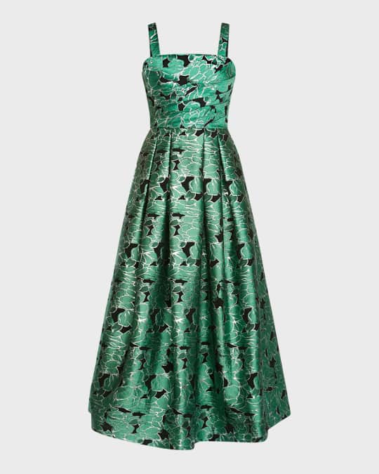 Zac Posen Pleated Metallic Floral Jacquard Midi Dress | Neiman Marcus
