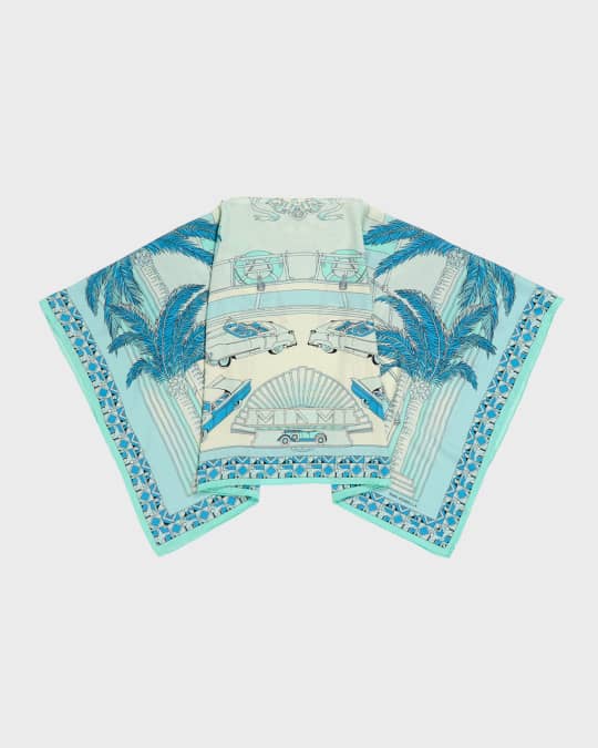 Miami Aqua Print Cashmere-Blend Poncho 