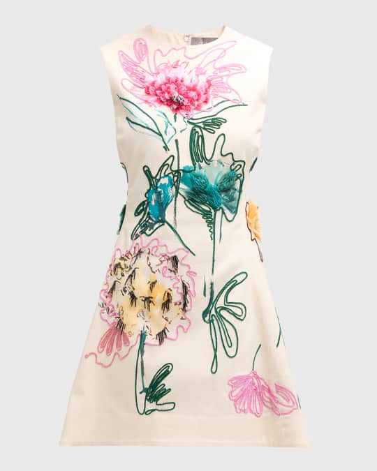 Lela Rose Floral Embroidered Sleeveless Mini Dress | Neiman Marcus