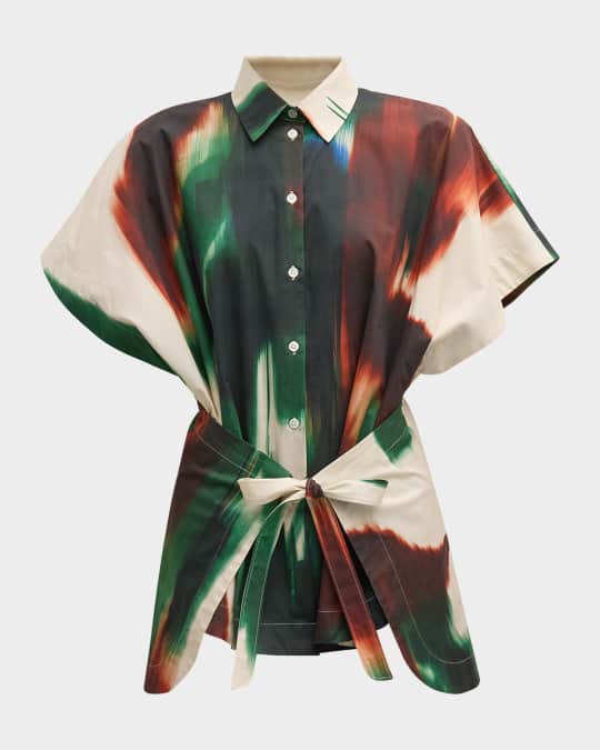 Amalfi Brushstroke-Print Tie-Waist Poplin Top