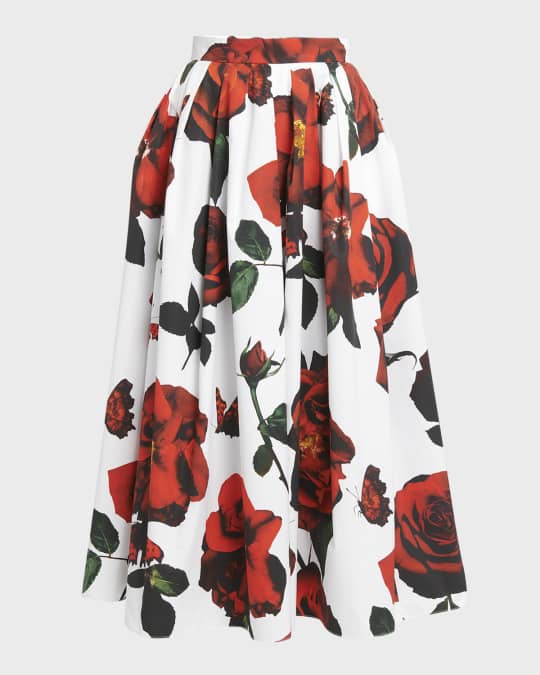 Rose-Print Pleated Midi Skirt