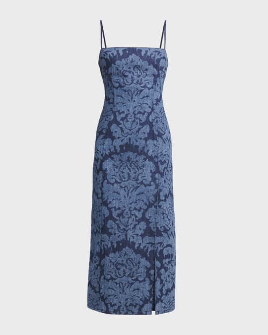 McQueen Damask Print Denim Midi Dress | Neiman Marcus