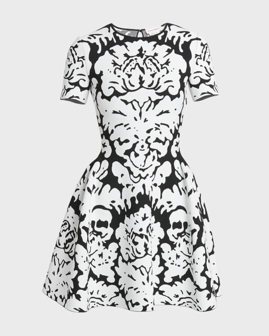 Damask Print Flare Knit Mini Dress