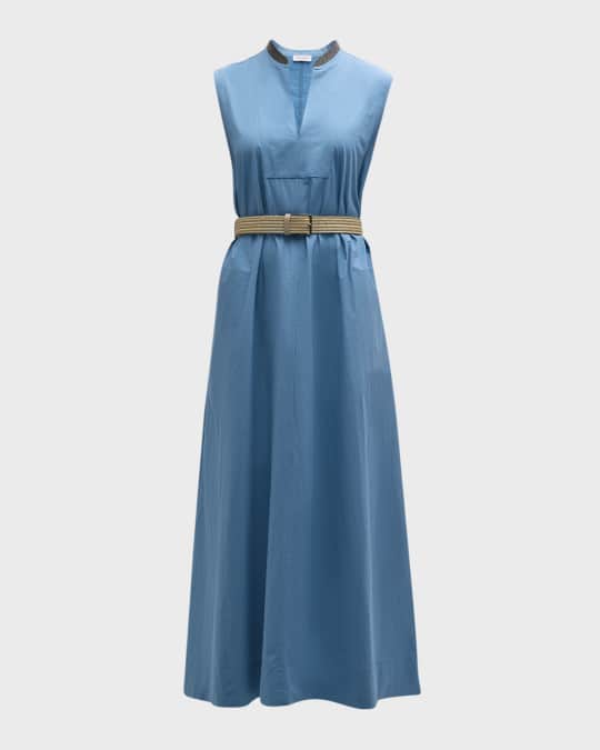 Cotton Poplin Maxi Dress with Raffia Belt
