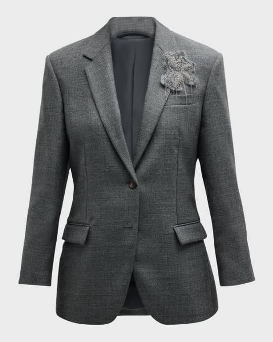 Brunello Cucinelli★素敵！Wool Blend Tweed DB Monili Jacket Brunello Cucinelli Monili Floral Crest Single-Breasted