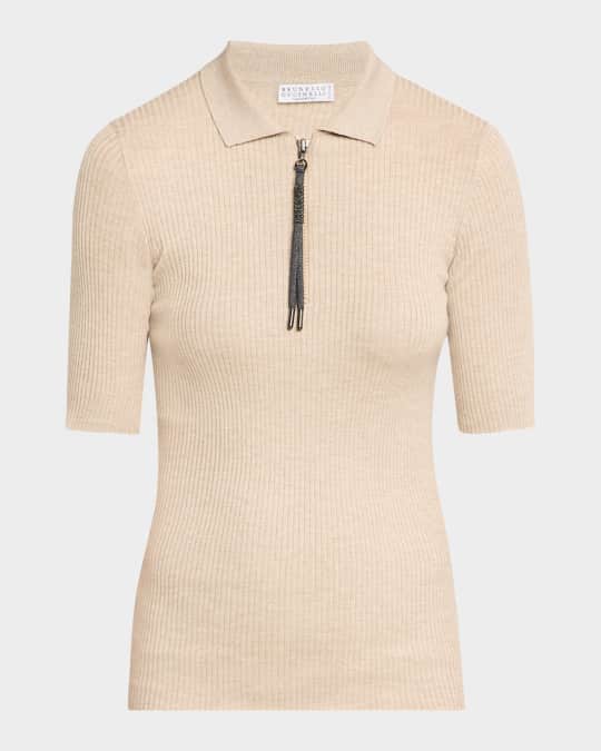 Ribbed Cashmere-Blend Polo Top with Monili Pull