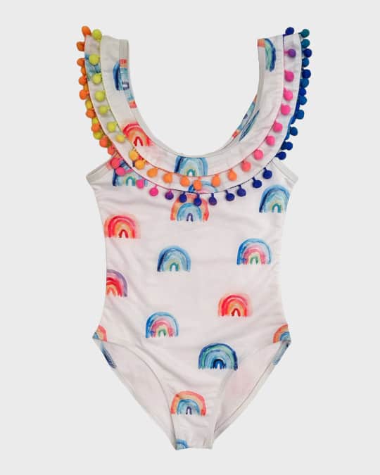 Girl's Pom Pom Rainbow One-Piece Swimsuit, Size 2-14