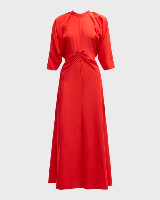 Oroton Ruched Dolman-Sleeve Silk Midi Dress | Neiman Marcus