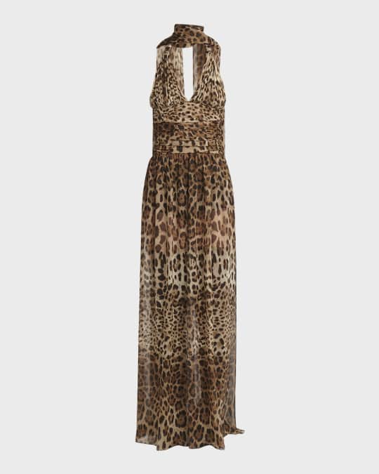 Dolce & Gabbana Brown Leopard Silk Chiffon Ruched Mermaid Maxi Dress